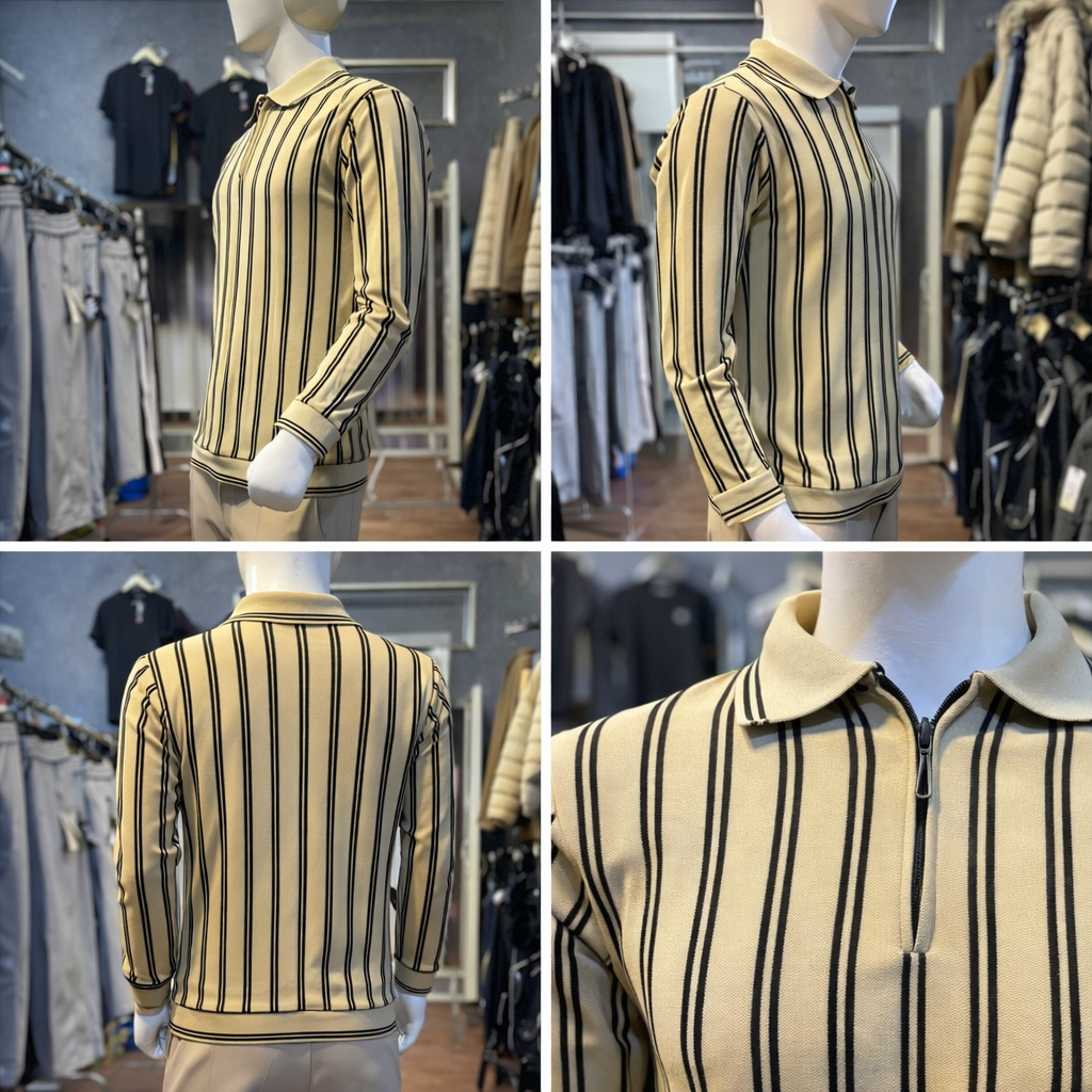 Men’s Beige Striped Polo Shirt with Khaki Slim Fit Pants – Smart Casual Full Outfit