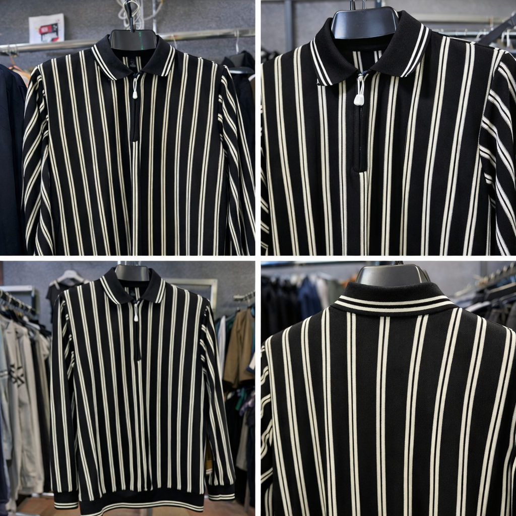 Men’s Black & White Vertical Striped Polo Shirt with Half Zip – Full Sleeve Smart Casual Wear