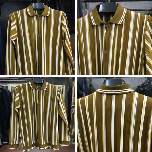 Men’s Olive Green & White Vertical Striped Polo Shirt with Half Zip – Full Sleeve Smart Casual Wear