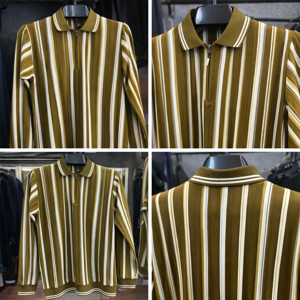 Men’s Olive Green & White Vertical Striped Polo Shirt with Half Zip – Full Sleeve Smart Casual Wear