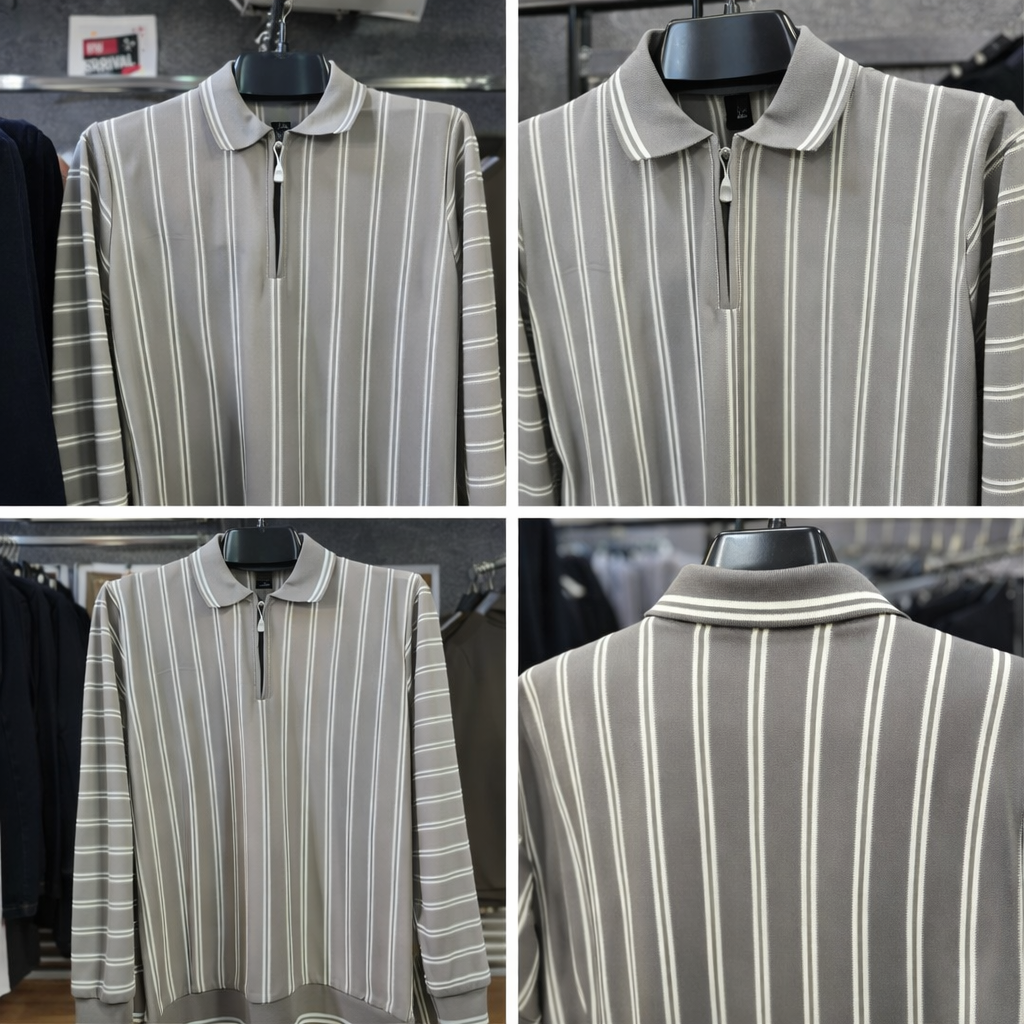Men’s Grey & White Vertical Striped Polo Shirt with Half Zip – Full Sleeve Smart Casual Wear