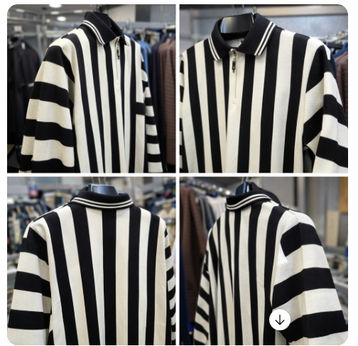 Men’s Black & White Striped Polo Collar Sweatshirt – Long Sleeve Zipper Neck Pullover – Stylish Winter Wear for Men