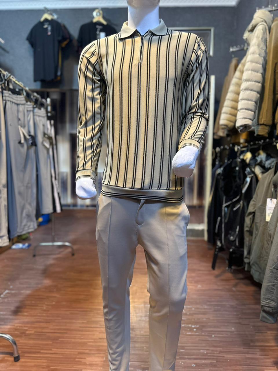 Men’s Beige Striped Polo Shirt with Khaki Slim Fit Pants – Smart Casual Full Outfit