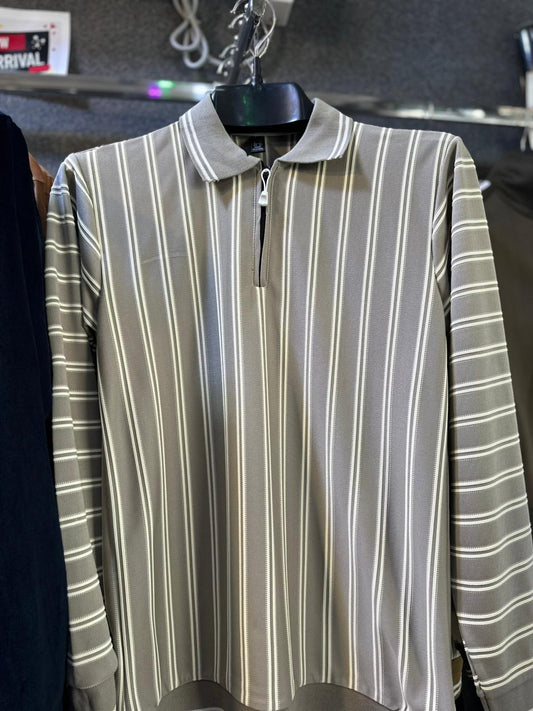 Men’s Grey & White Vertical Striped Polo Shirt with Half Zip – Full Sleeve Smart Casual Wear