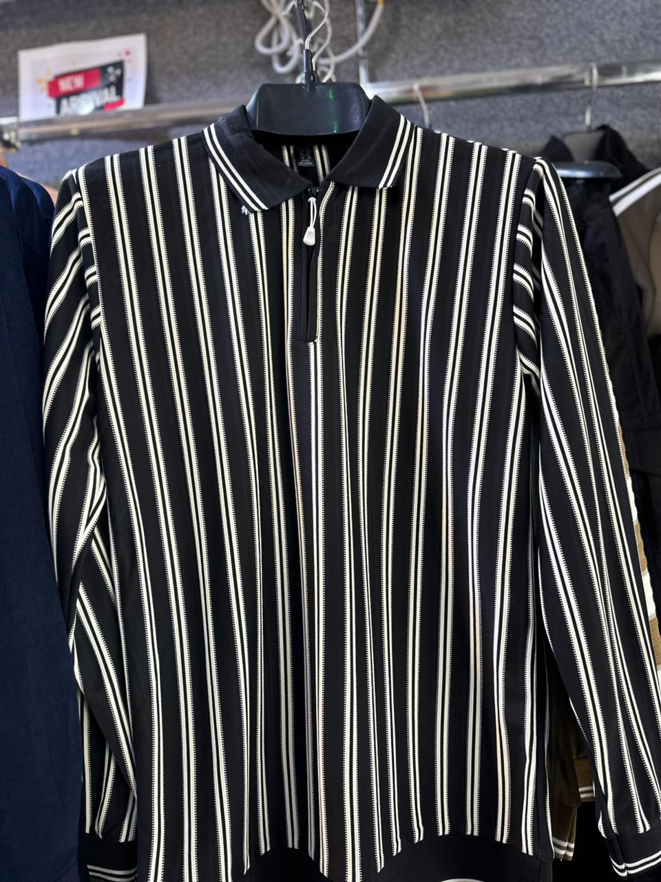 Men’s Black & White Vertical Striped Polo Shirt with Half Zip – Full Sleeve Smart Casual Wear