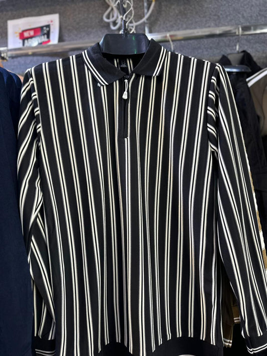 Men’s Black & White Vertical Striped Polo Shirt with Half Zip – Full Sleeve Smart Casual Wear