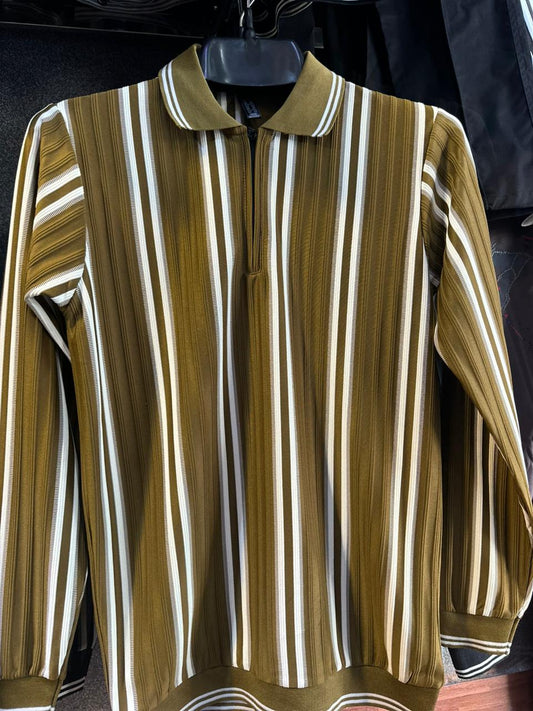 Men’s Olive Green & White Vertical Striped Polo Shirt with Half Zip – Full Sleeve Smart Casual Wear